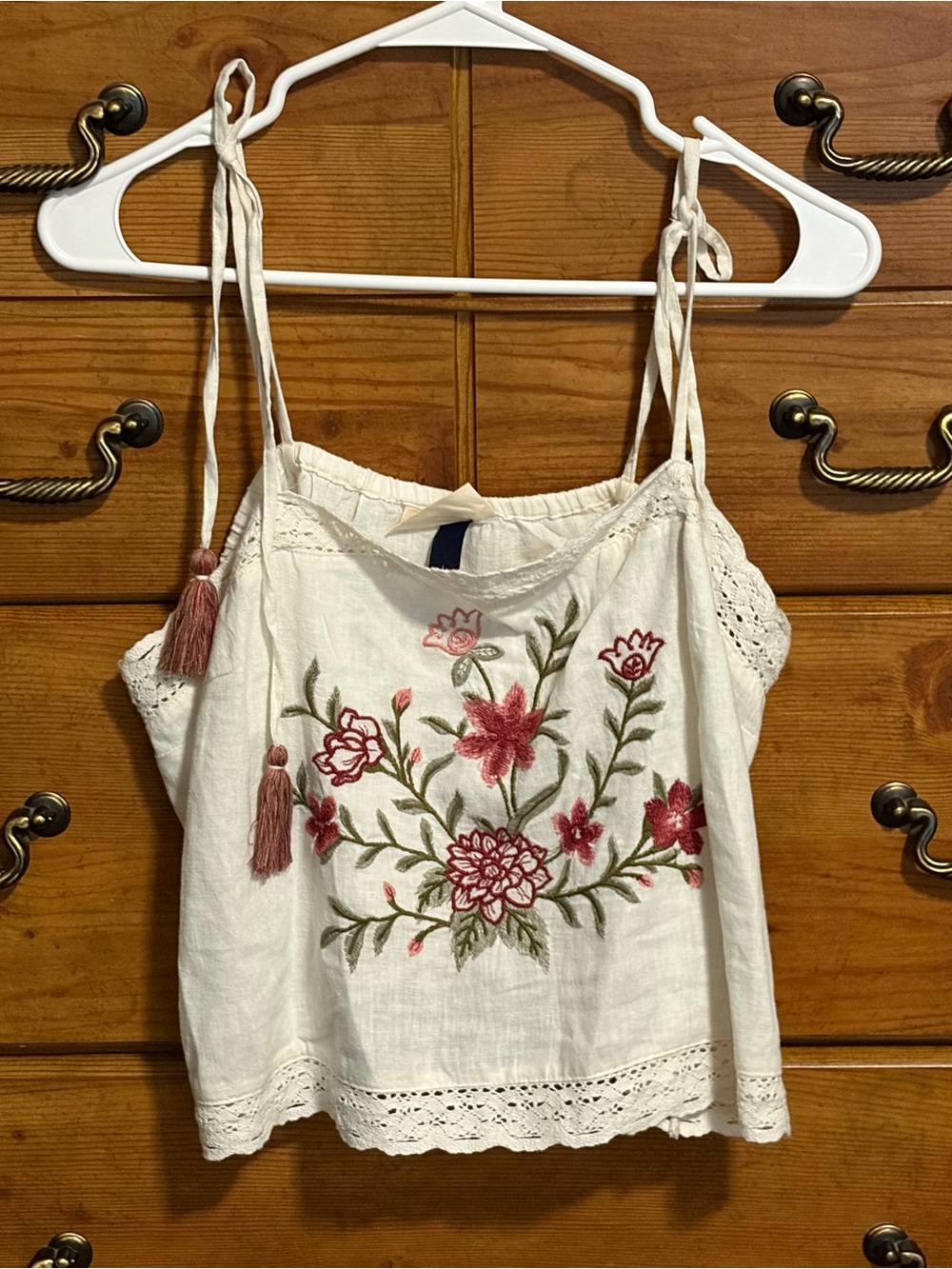 Universal Thread White Cotton Embroidered Tie-Strap Camisole with Pink Floral